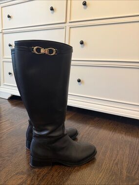 Talbots Black Tall Leather Riding Boots with Gold Accent